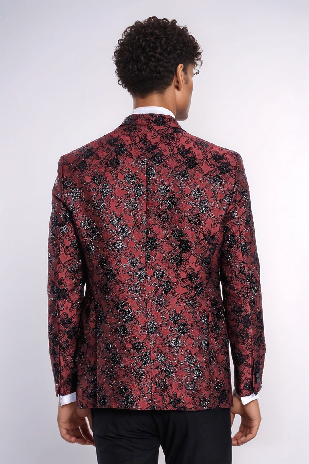 Floral Patterned Slim Fit Burgundy Men Prom Blazer - Wessi