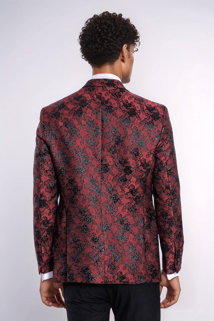 Floral Patterned Slim Fit Burgundy Men Prom Blazer - Wessi