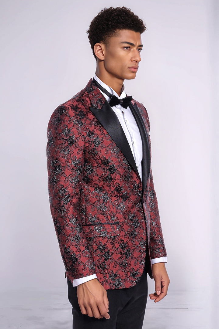 Floral Patterned Slim Fit Burgundy Men Prom Blazer - Wessi