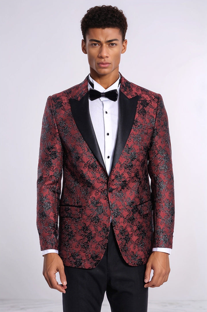 Floral Patterned Slim Fit Burgundy Men Prom Blazer - Wessi