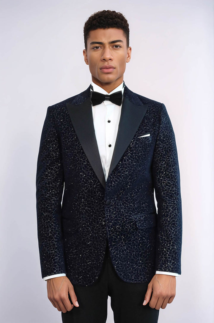 Blazer de fiesta para hombre en azul marino con estampado floral brillante - Wessi