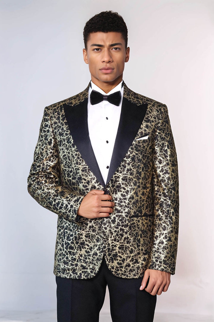 Root Pattern Peak Lapel Black Men Prom Blazer - Wessi