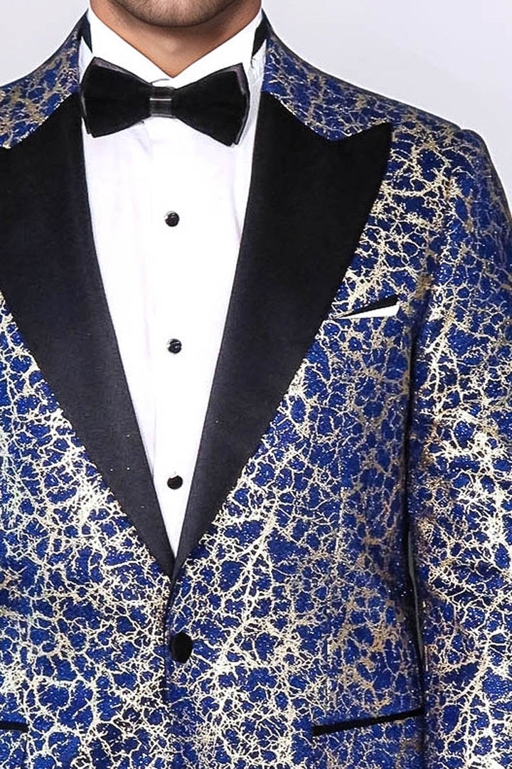 Blazer de fiesta para hombre azul oscuro con solapa de pico y estampado de raíces - Wessi