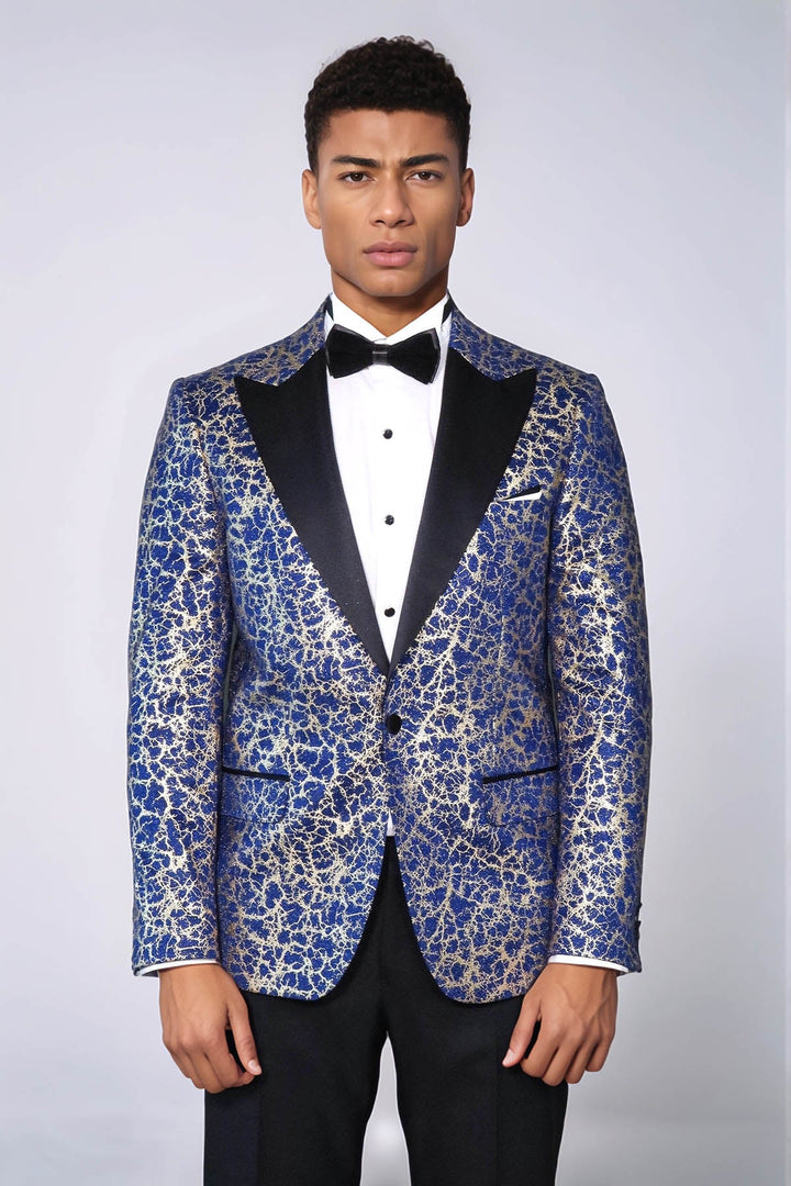 Blazer de fiesta para hombre azul oscuro con solapa de pico y estampado de raíces - Wessi
