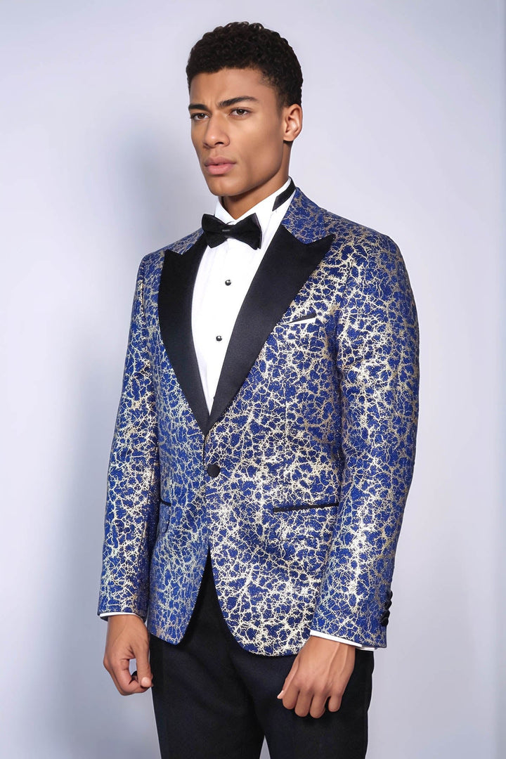 Blazer de fiesta para hombre azul oscuro con solapa de pico y estampado de raíces - Wessi