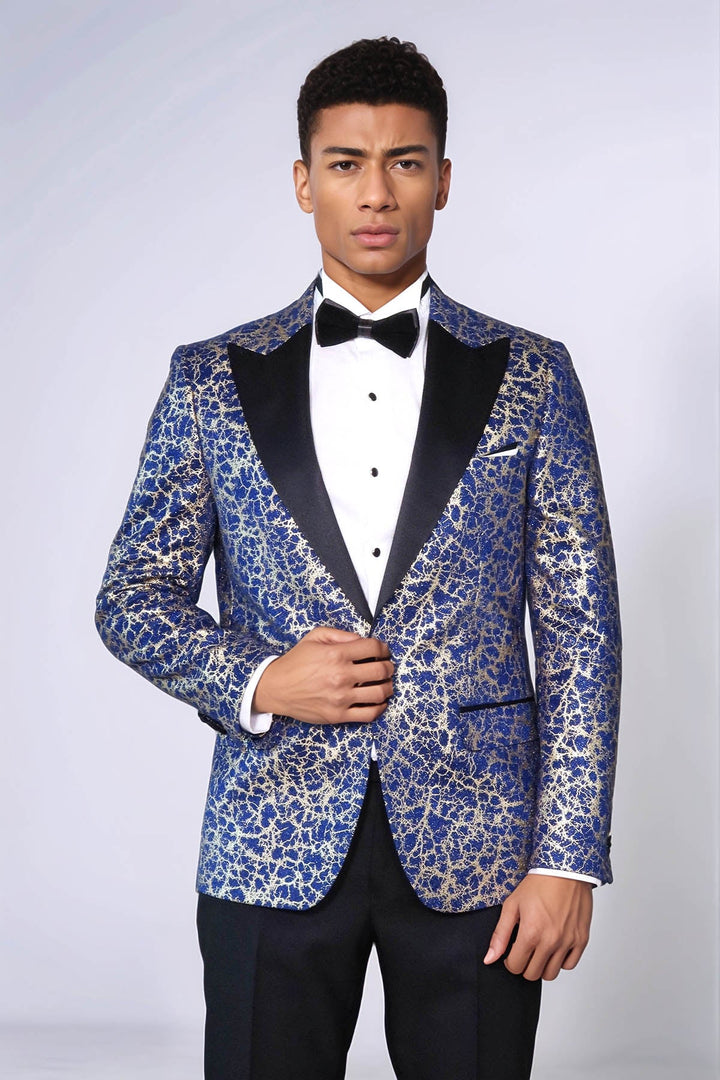 Blazer de fiesta para hombre azul oscuro con solapa de pico y estampado de raíces - Wessi