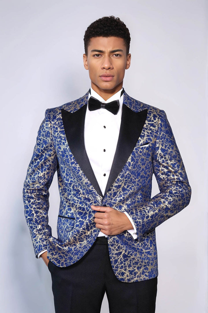 Blazer de fiesta para hombre azul oscuro con solapa de pico y estampado de raíces - Wessi