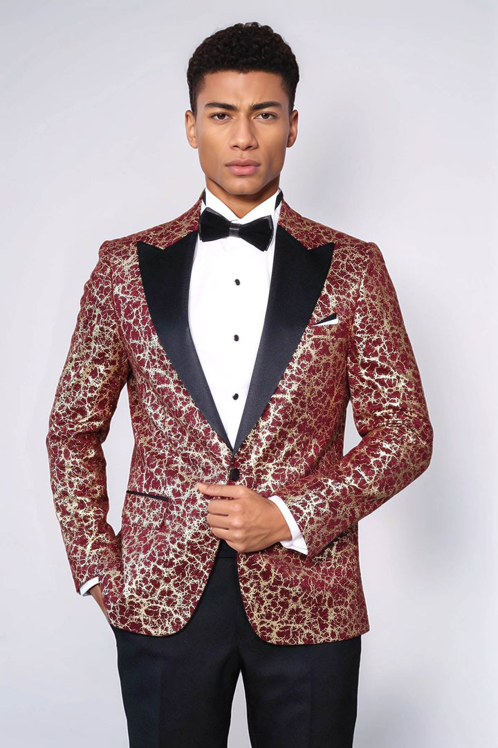 Root Pattern Peak Lapel Burgundy Men Prom Blazer - Wessi