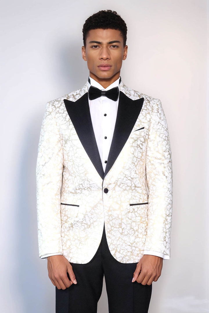 Root Pattern Peak Lapel White Men Prom Blazer - Wessi