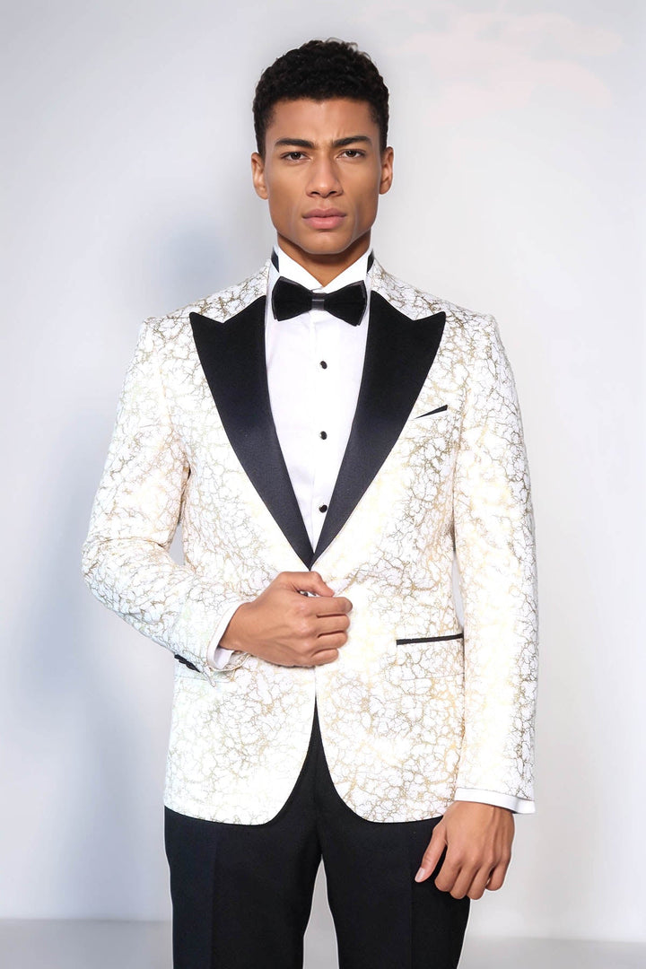Root Pattern Peak Lapel White Men Prom Blazer - Wessi