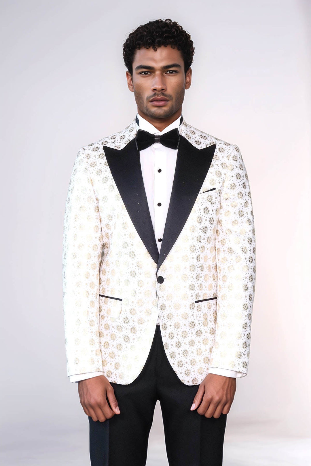 Çiçek Desenli Düz Yaka Beyaz Erkek Prom Blazer - Wessi