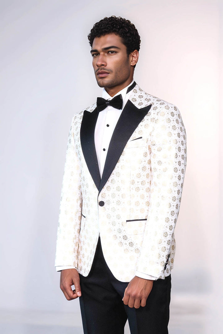 Çiçek Desenli Düz Yaka Beyaz Erkek Prom Blazer - Wessi