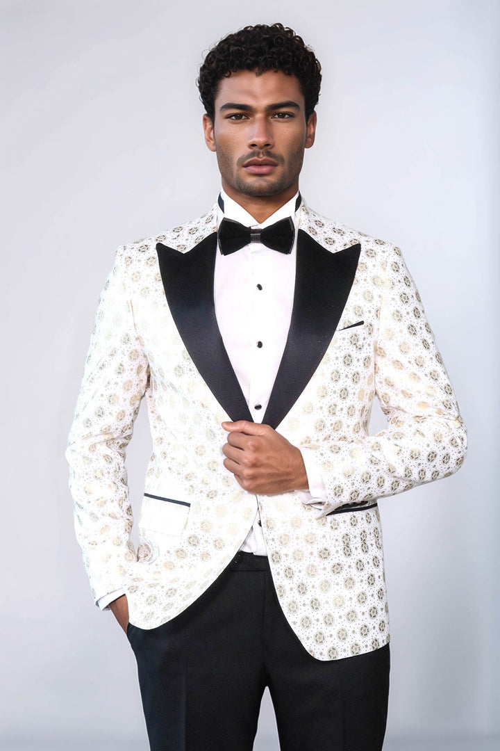 Çiçek Desenli Düz Yaka Beyaz Erkek Prom Blazer - Wessi