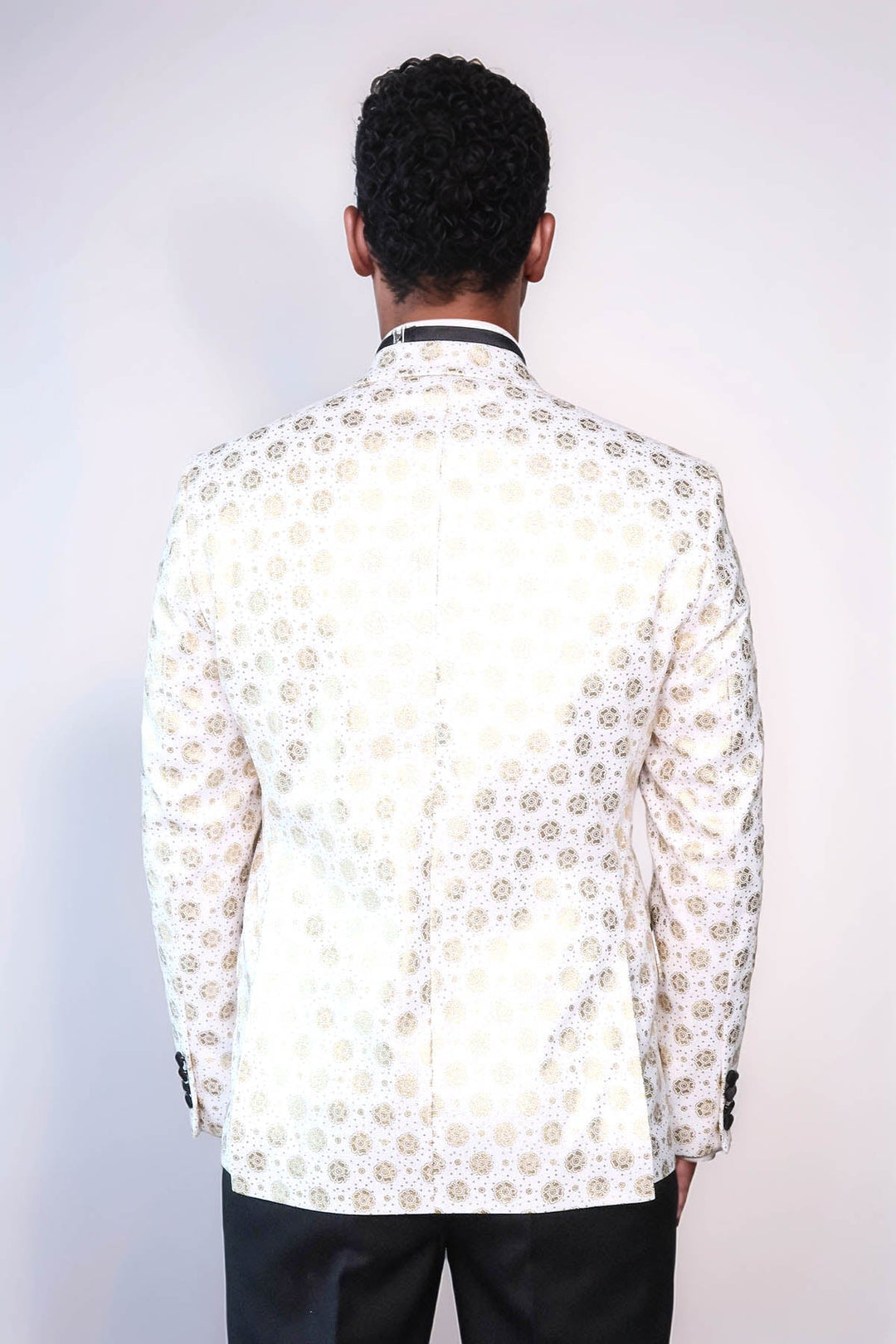 Çiçek Desenli Düz Yaka Beyaz Erkek Prom Blazer - Wessi