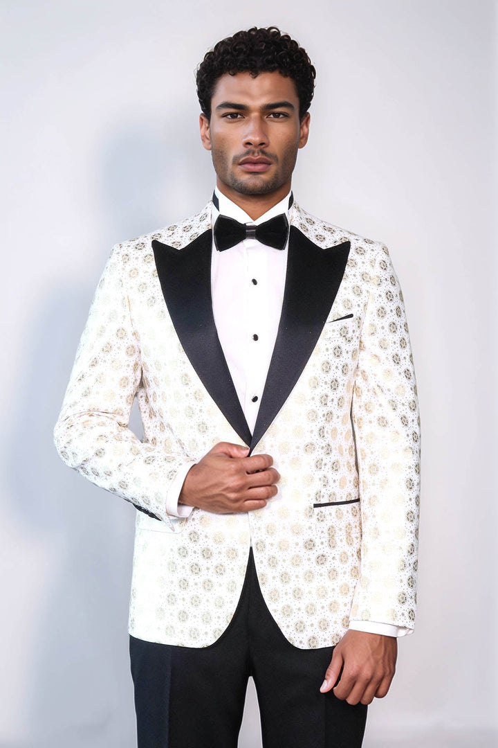 Çiçek Desenli Düz Yaka Beyaz Erkek Prom Blazer - Wessi