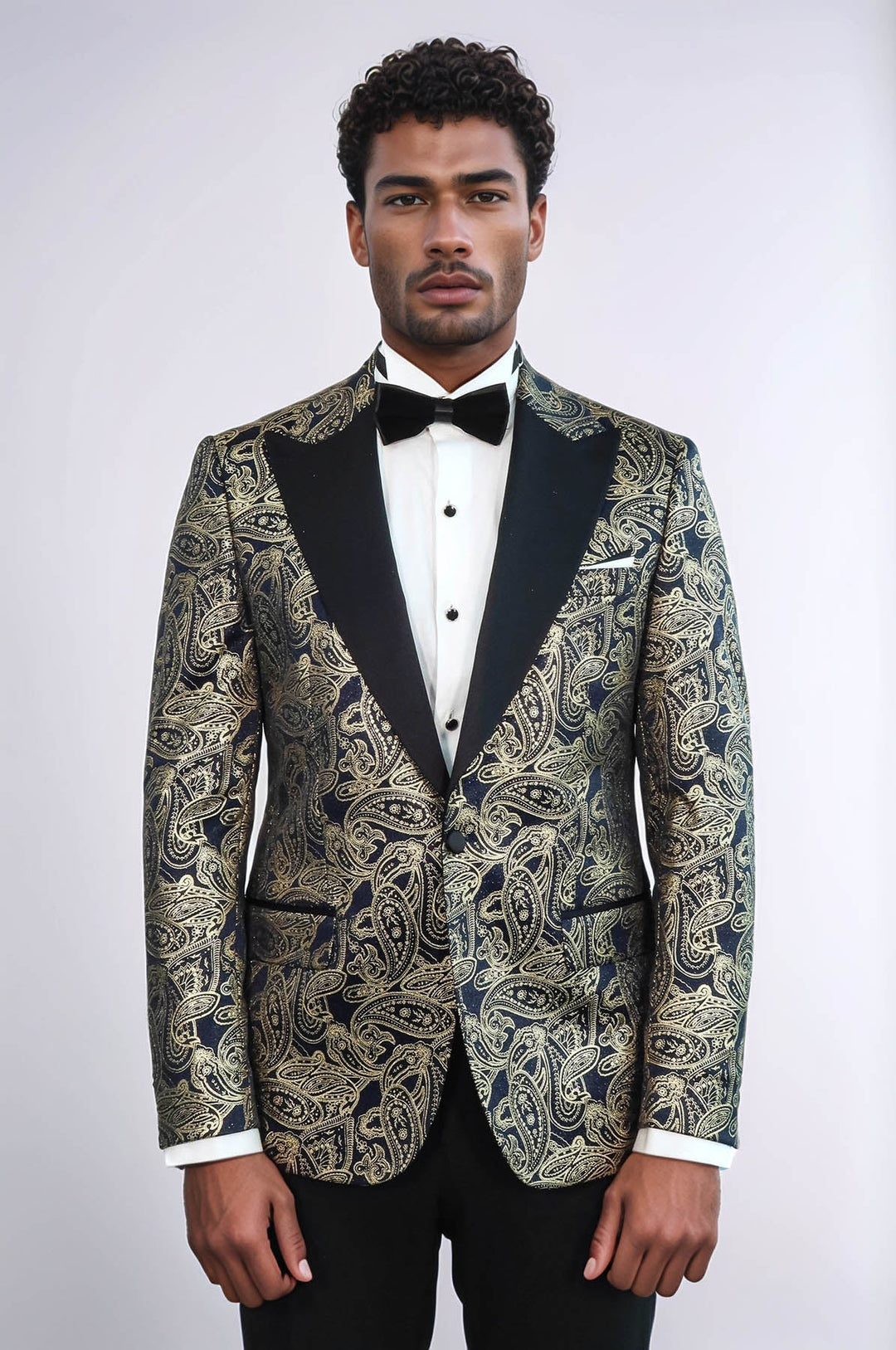 Blazer de fiesta azul marino con solapa de pico y estampado de cachemira para hombre - Wessi