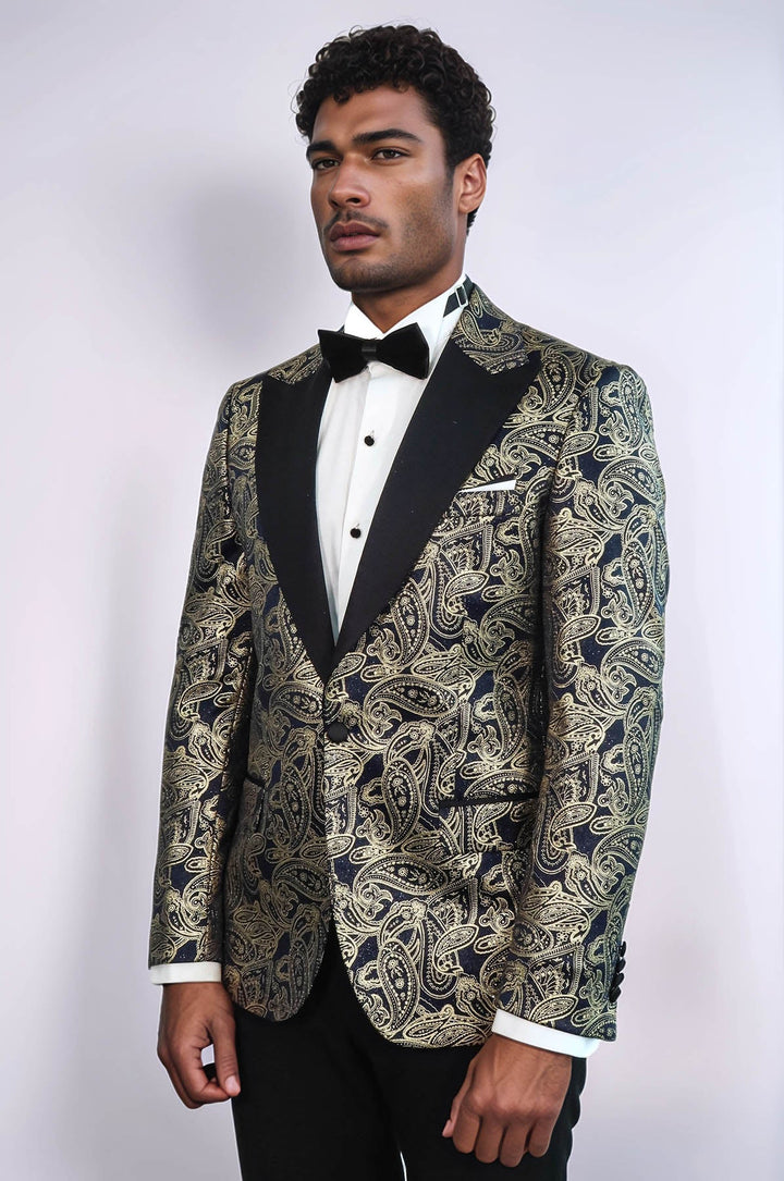 Blazer de fiesta azul marino con solapa de pico y estampado de cachemira para hombre - Wessi
