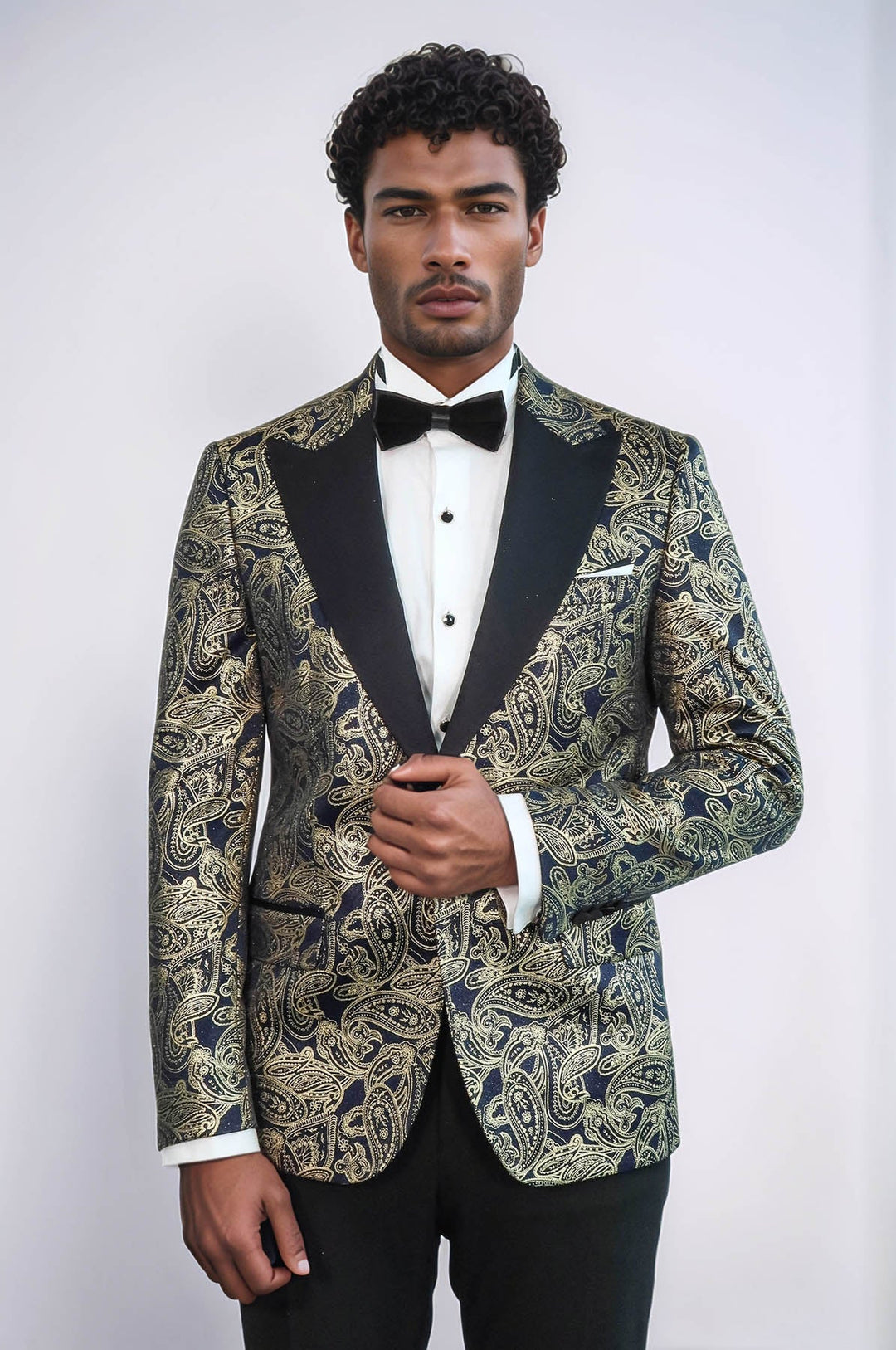 Blazer de fiesta azul marino con solapa de pico y estampado de cachemira para hombre - Wessi