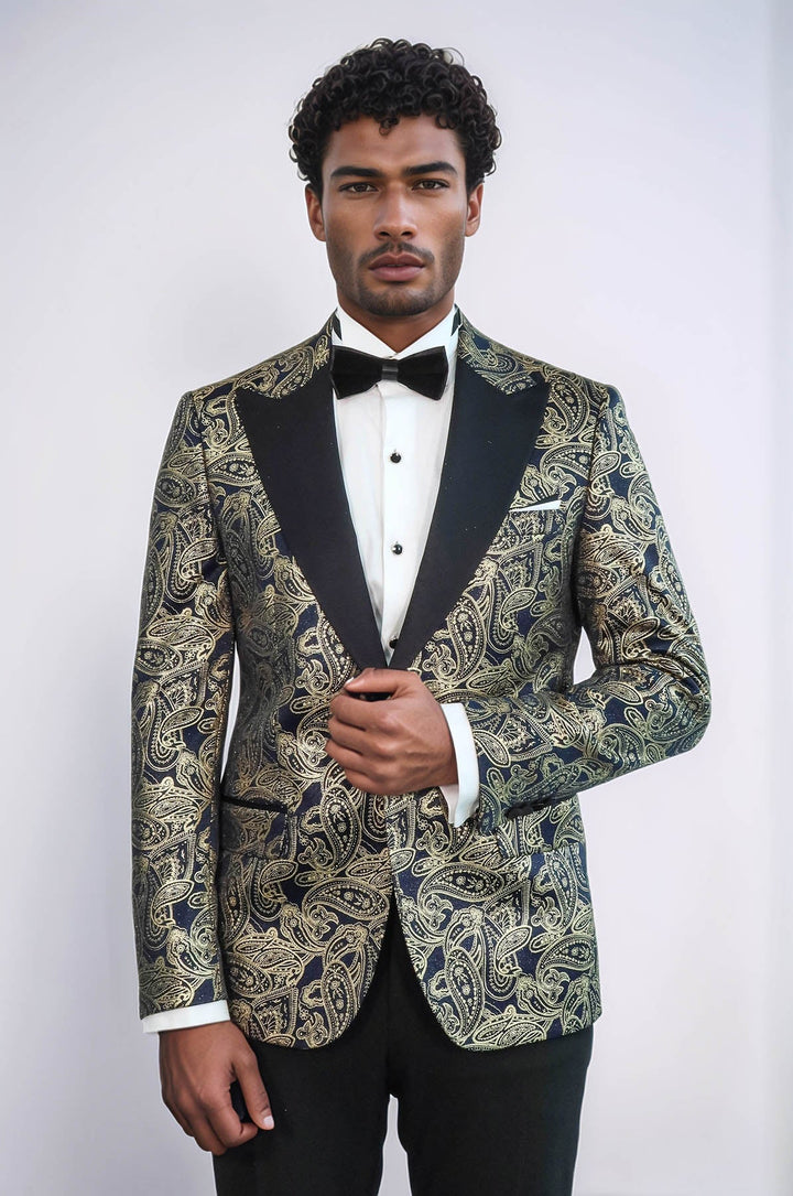 Blazer de fiesta azul marino con solapa de pico y estampado de cachemira para hombre - Wessi