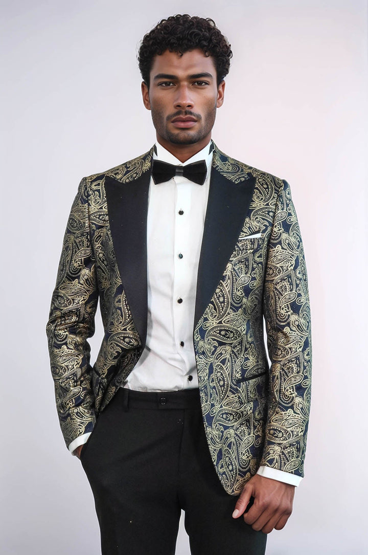 Blazer de fiesta azul marino con solapa de pico y estampado de cachemira para hombre - Wessi