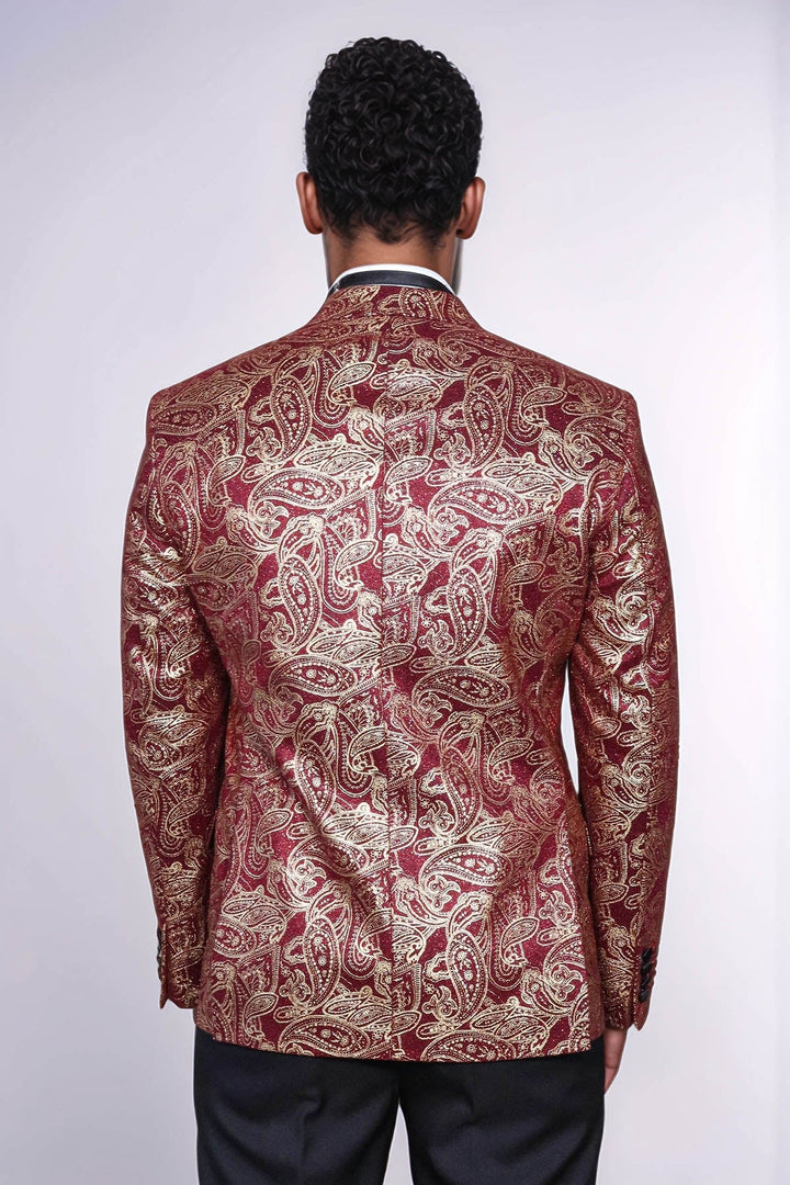 Blazer de fiesta para hombre en color burdeos con solapa de pico y estampado de cachemira - Wessi