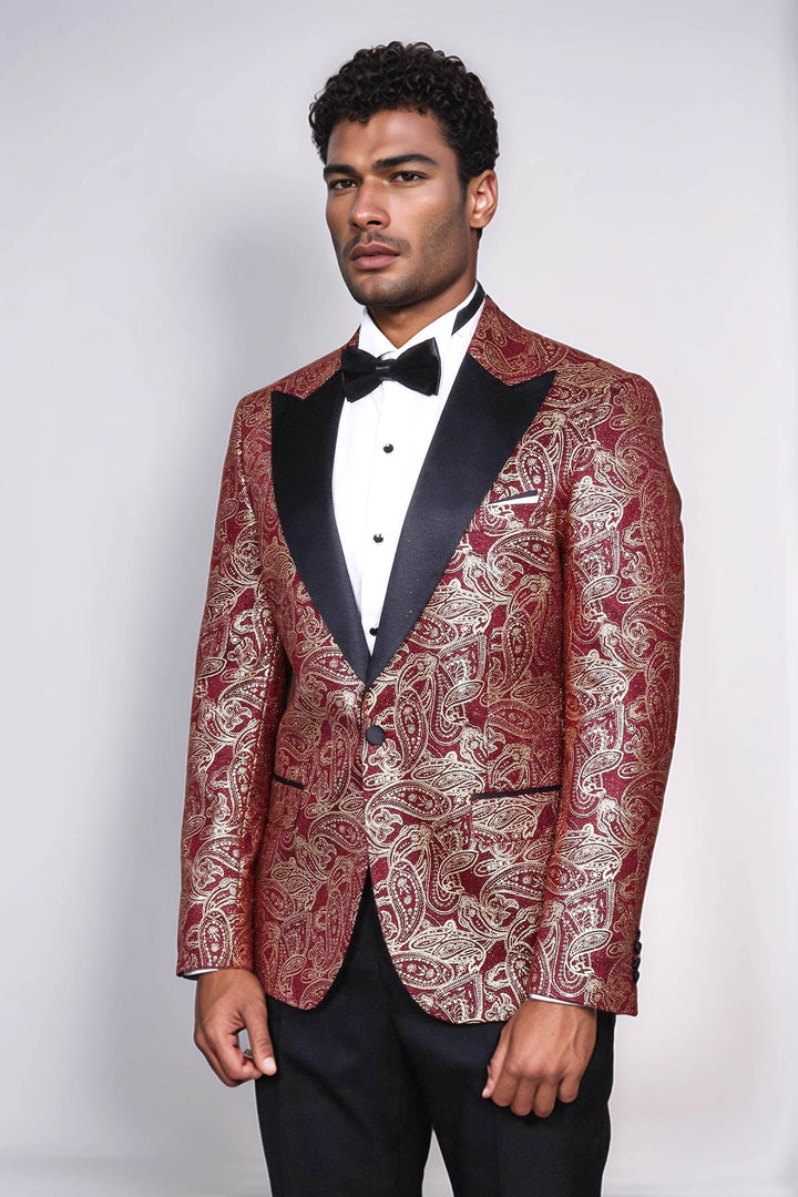 Blazer de fiesta para hombre en color burdeos con solapa de pico y estampado de cachemira - Wessi