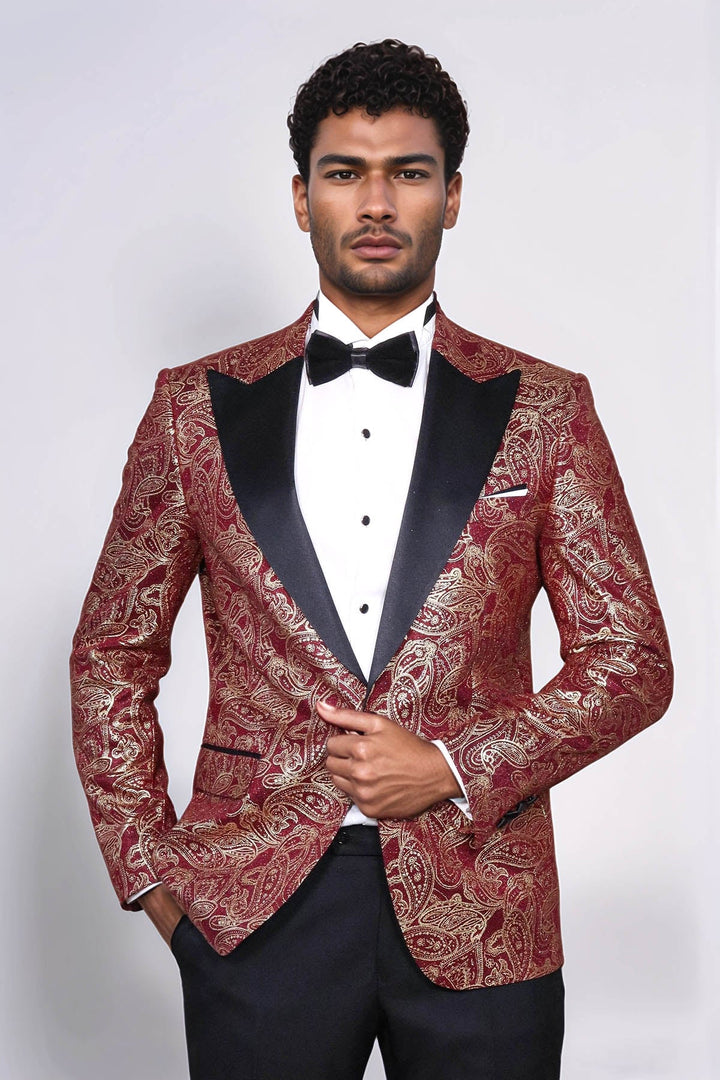 Blazer de fiesta para hombre en color burdeos con solapa de pico y estampado de cachemira - Wessi