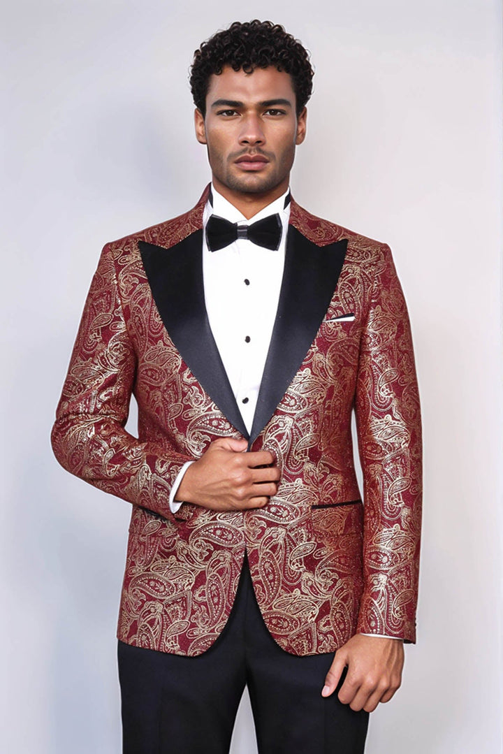 Blazer de fiesta para hombre en color burdeos con solapa de pico y estampado de cachemira - Wessi