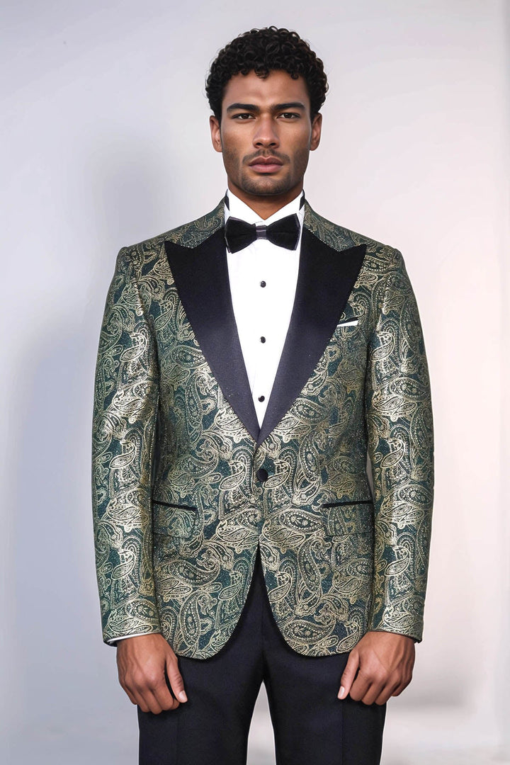 Blazer de fiesta para hombre con solapa de pico y estampado de cachemira en color verde - Wessi