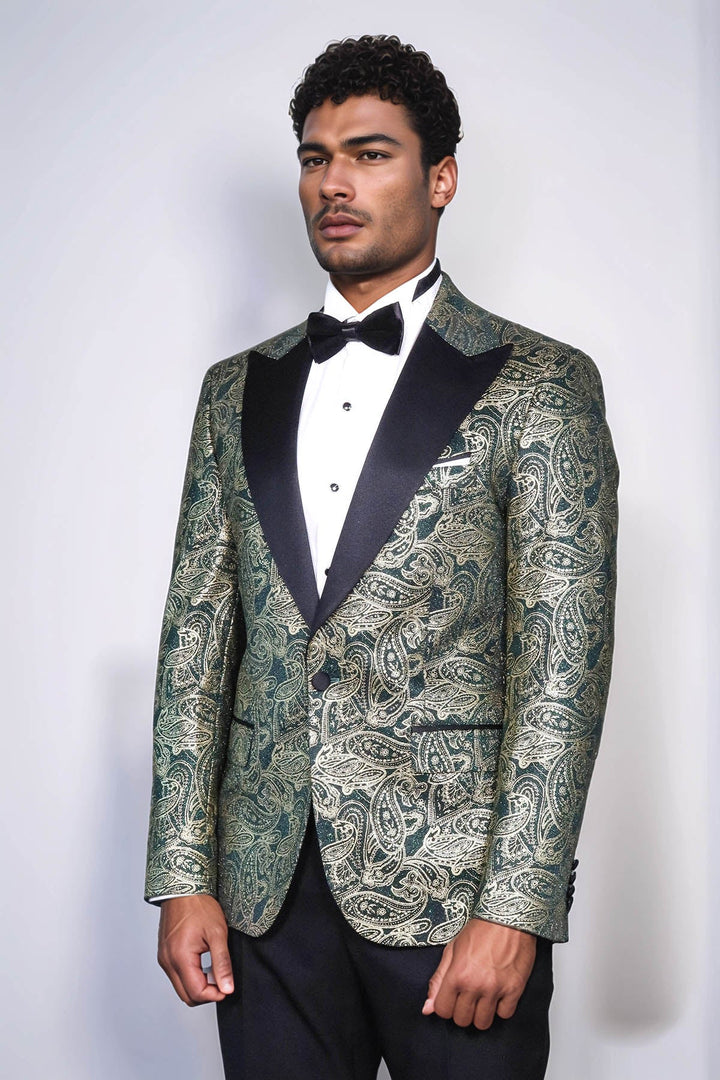 Blazer de fiesta para hombre con solapa de pico y estampado de cachemira en color verde - Wessi