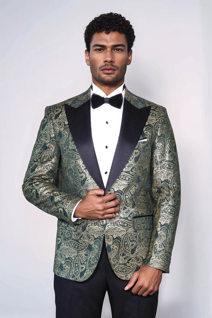 Blazer de fiesta para hombre con solapa de pico y estampado de cachemira en color verde - Wessi