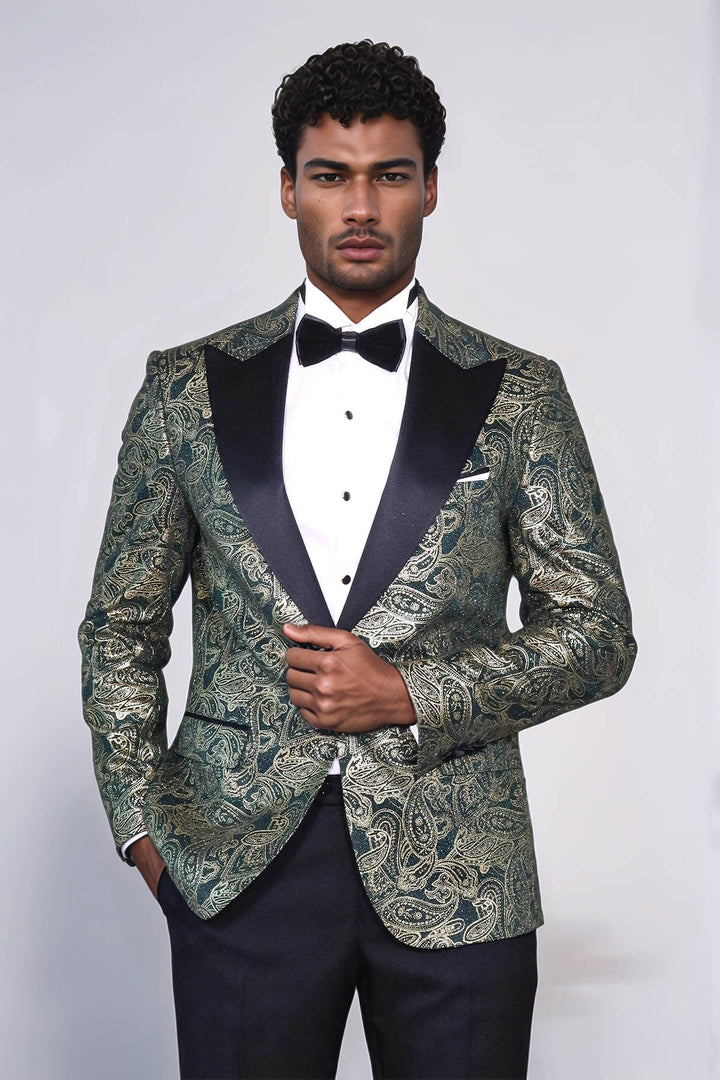 Blazer de fiesta para hombre con solapa de pico y estampado de cachemira en color verde - Wessi