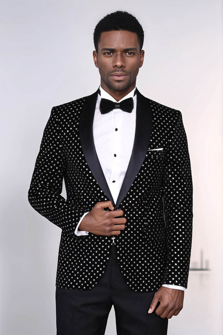 Blazer ajustado de corte entallado con estampado de lunares para hombre, color negro - Wessi