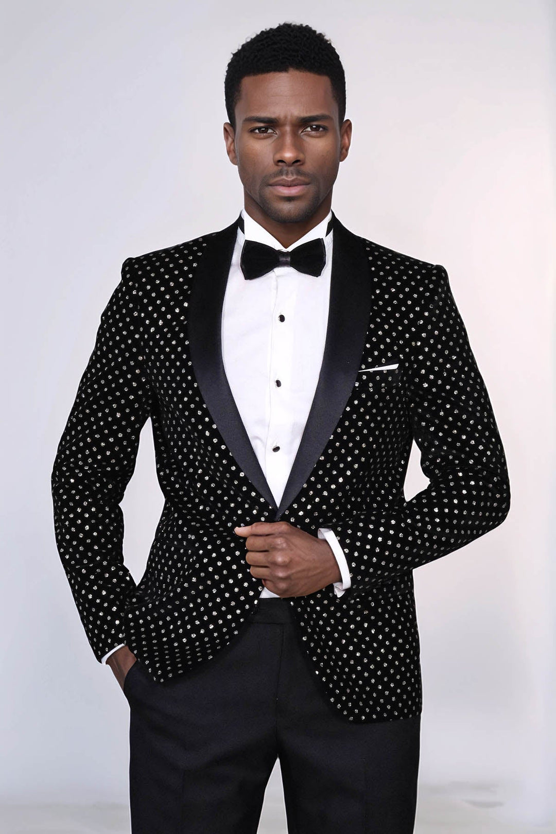 Blazer ajustado de corte entallado con estampado de lunares para hombre, color negro - Wessi