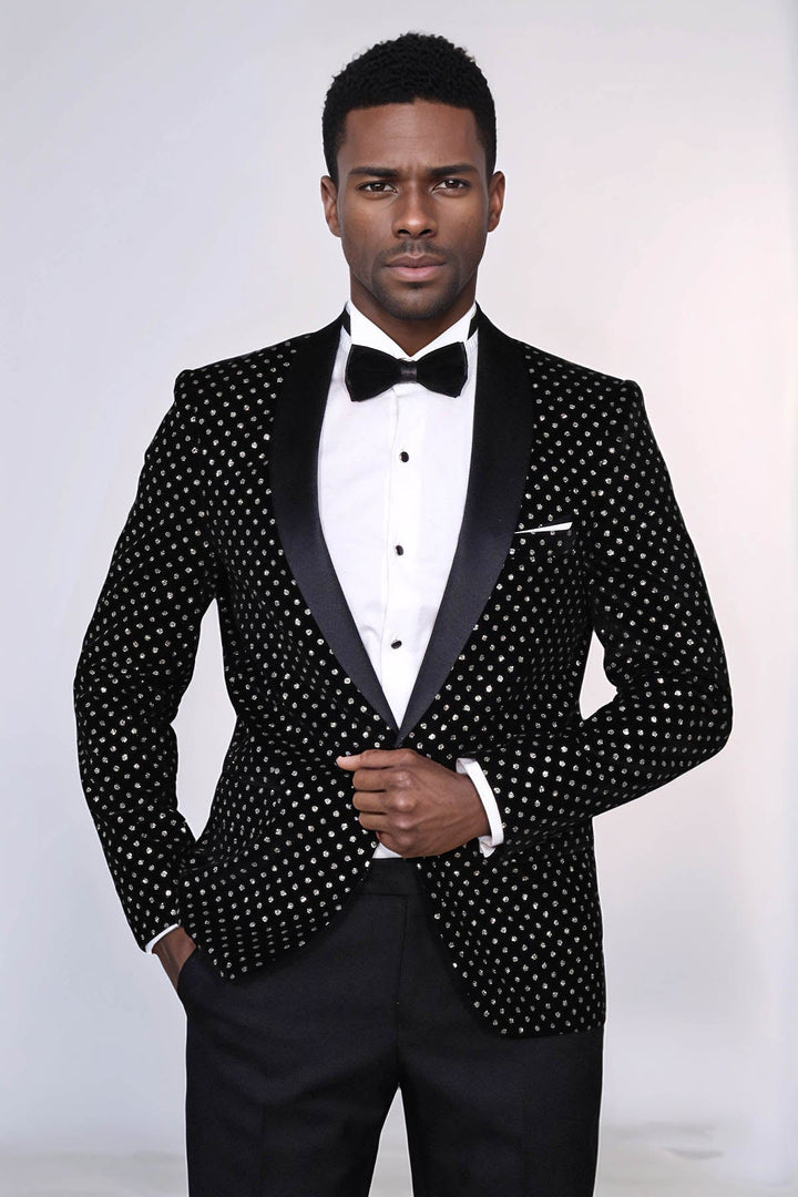Blazer ajustado de corte entallado con estampado de lunares para hombre, color negro - Wessi