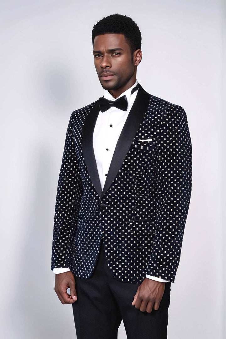 Blazer de fiesta ajustado con estampado de lunares en azul marino para hombre - Wessi