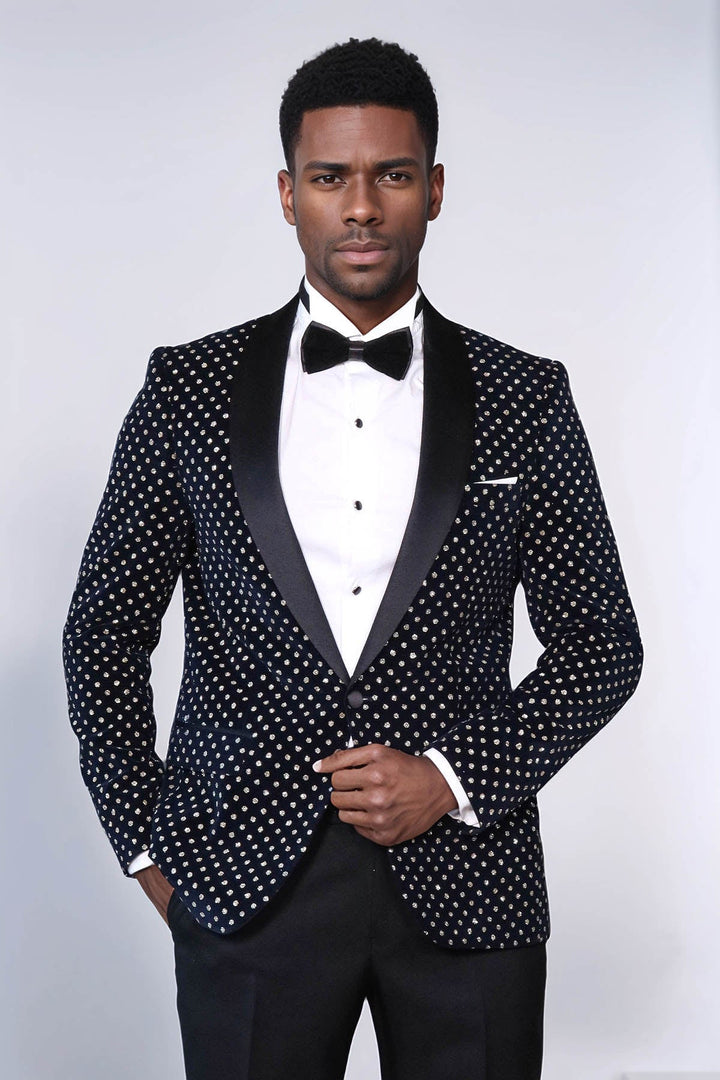 Blazer de fiesta ajustado con estampado de lunares en azul marino para hombre - Wessi
