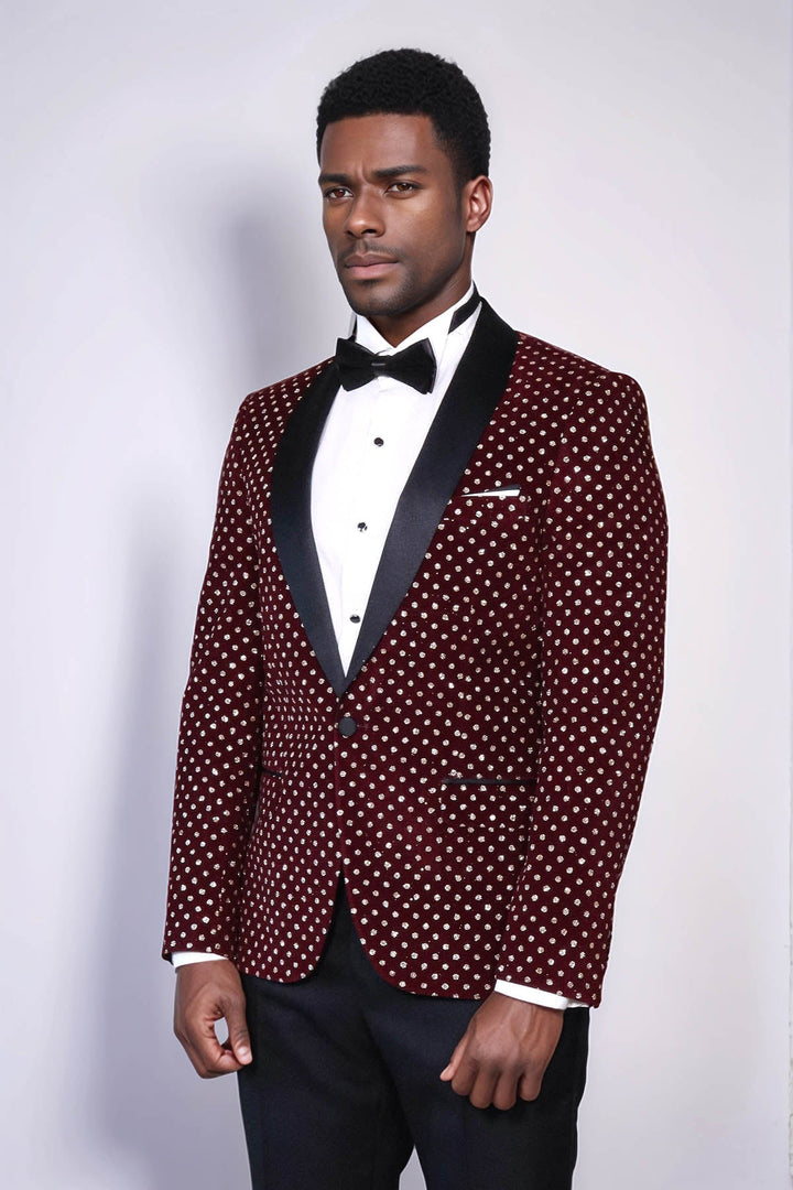 Blazer de fiesta ajustado con estampado de lunares en color burdeos para hombre - Wessi
