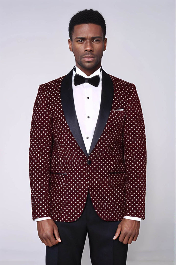 Blazer de fiesta ajustado con estampado de lunares en color burdeos para hombre - Wessi