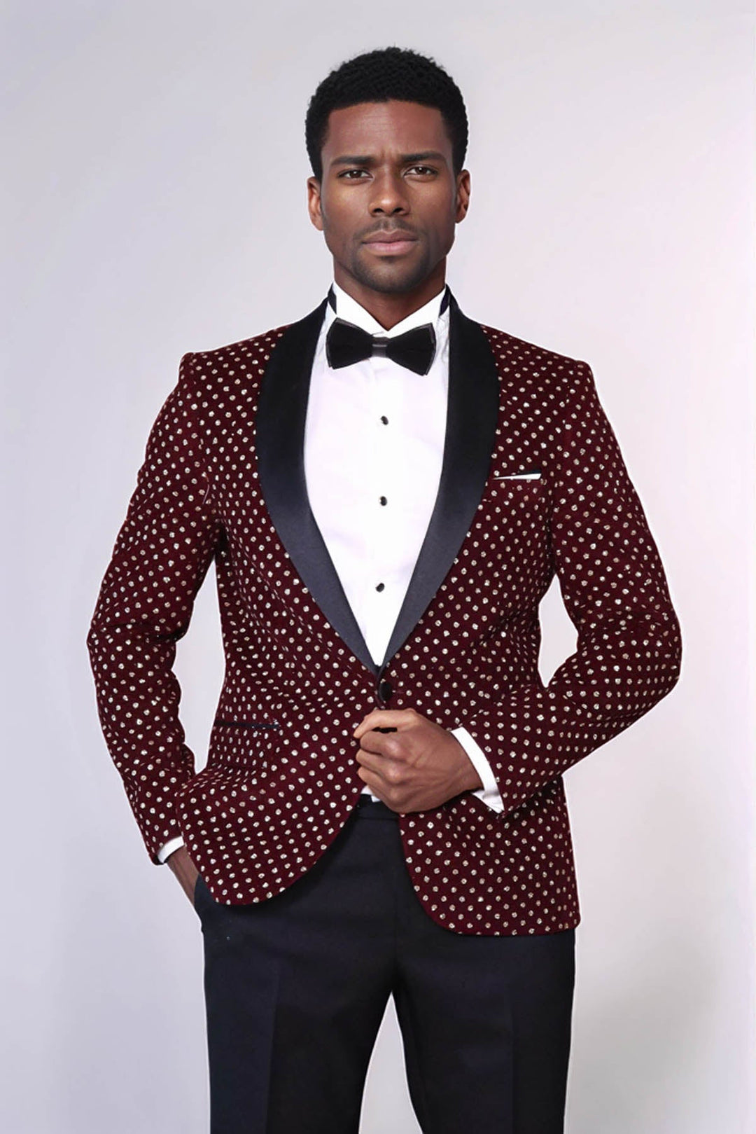 Blazer de fiesta ajustado con estampado de lunares en color burdeos para hombre - Wessi