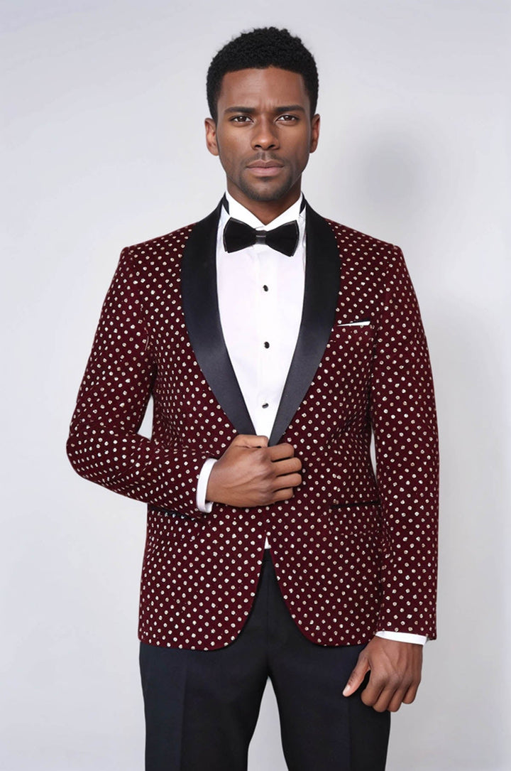Blazer de fiesta ajustado con estampado de lunares en color burdeos para hombre - Wessi
