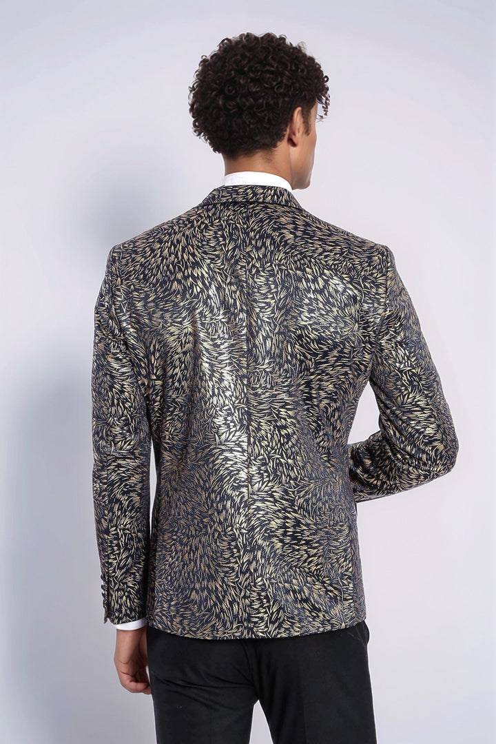 Blazer de fiesta ajustado con estampado de plumas en azul marino para hombre - Wessi