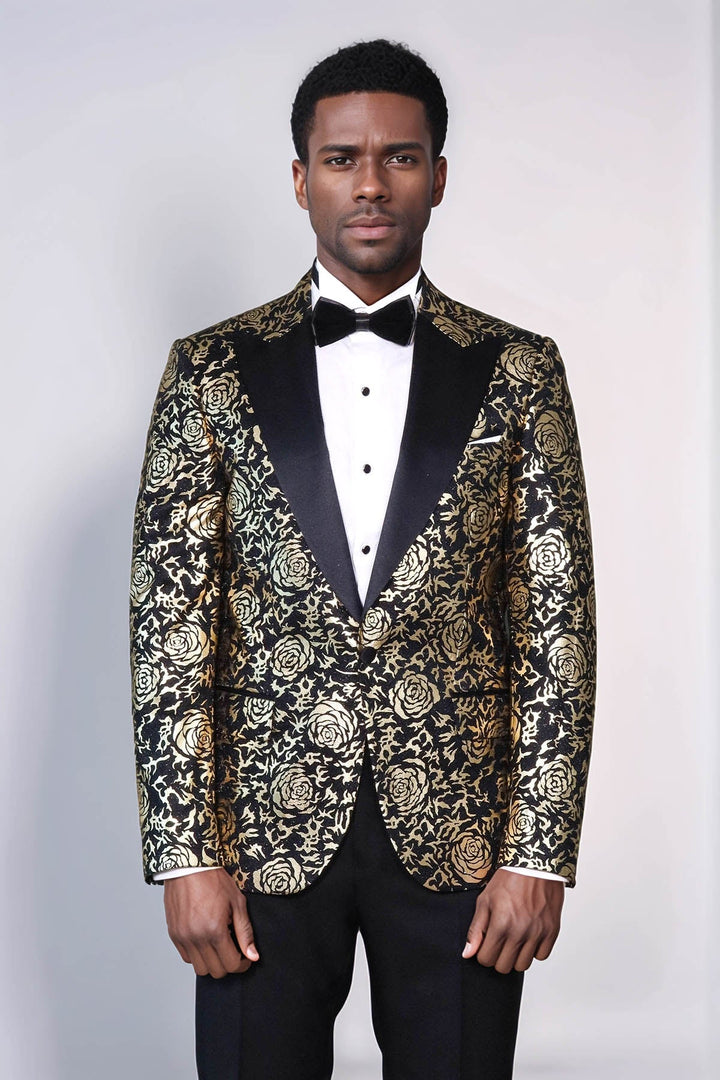 Gold Rose Patterned Slim Fit Black Men Prom Blazer - Wessi