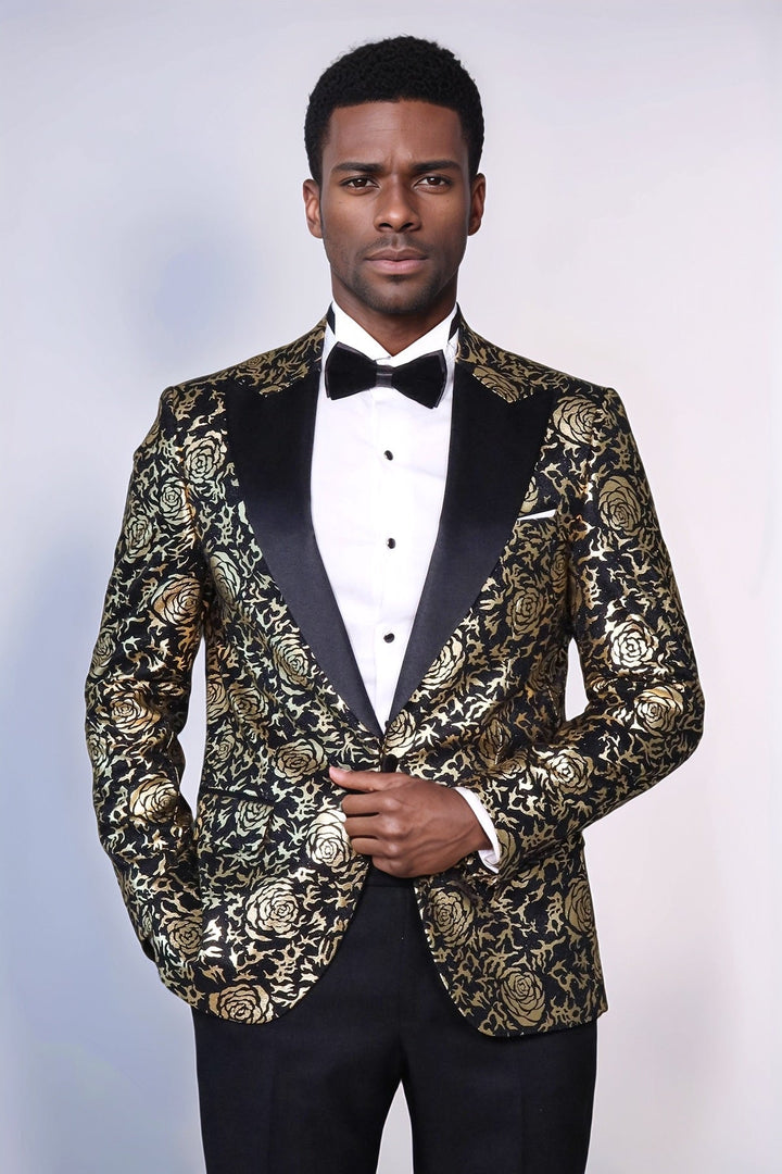 Gold Rose Patterned Slim Fit Black Men Prom Blazer - Wessi