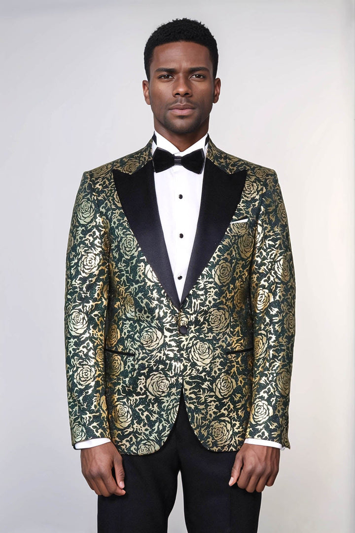 Blazer de fiesta ajustado con estampado de rosas doradas para hombre, color verde - Wessi