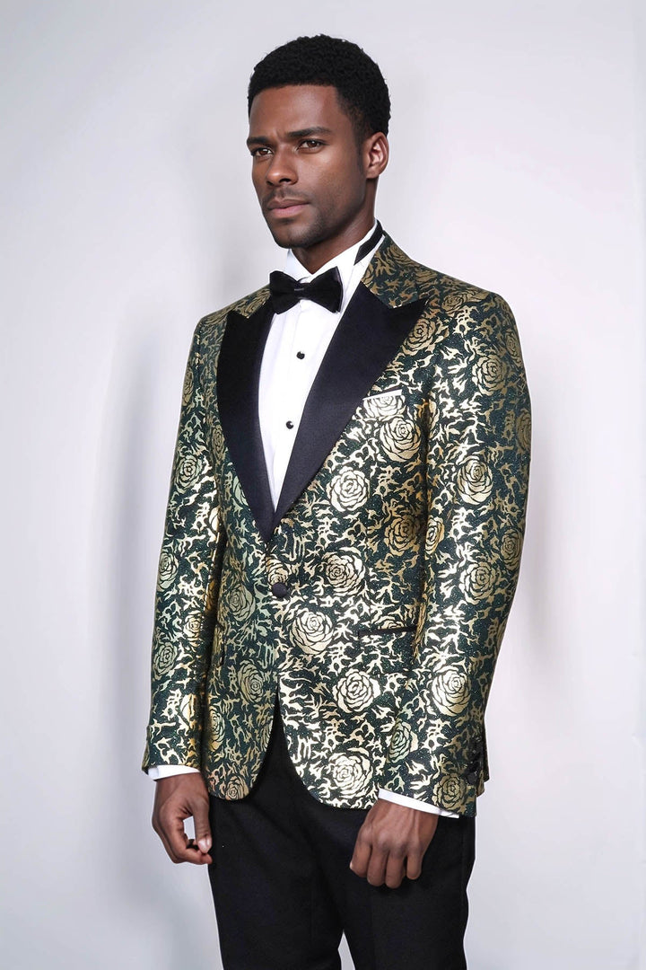 Blazer de fiesta ajustado con estampado de rosas doradas para hombre, color verde - Wessi