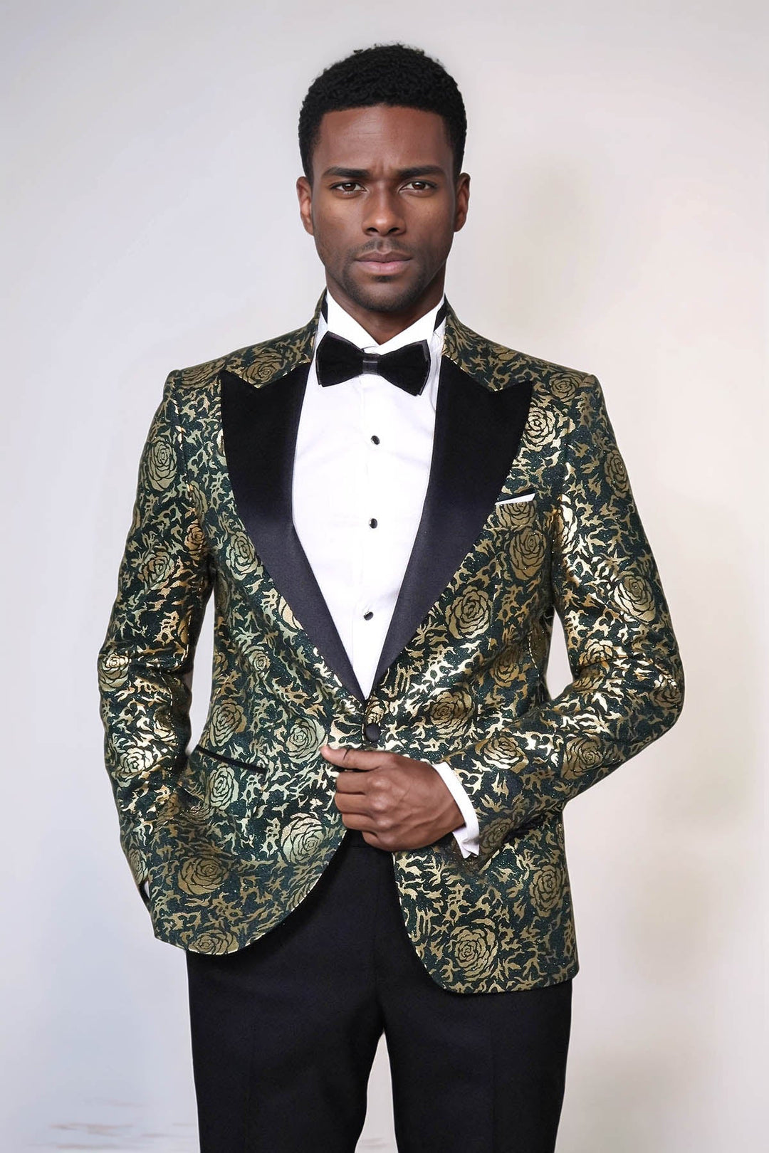 Blazer de fiesta ajustado con estampado de rosas doradas para hombre, color verde - Wessi