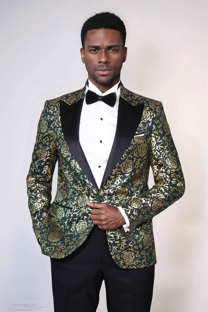 Blazer de fiesta ajustado con estampado de rosas doradas para hombre, color verde - Wessi