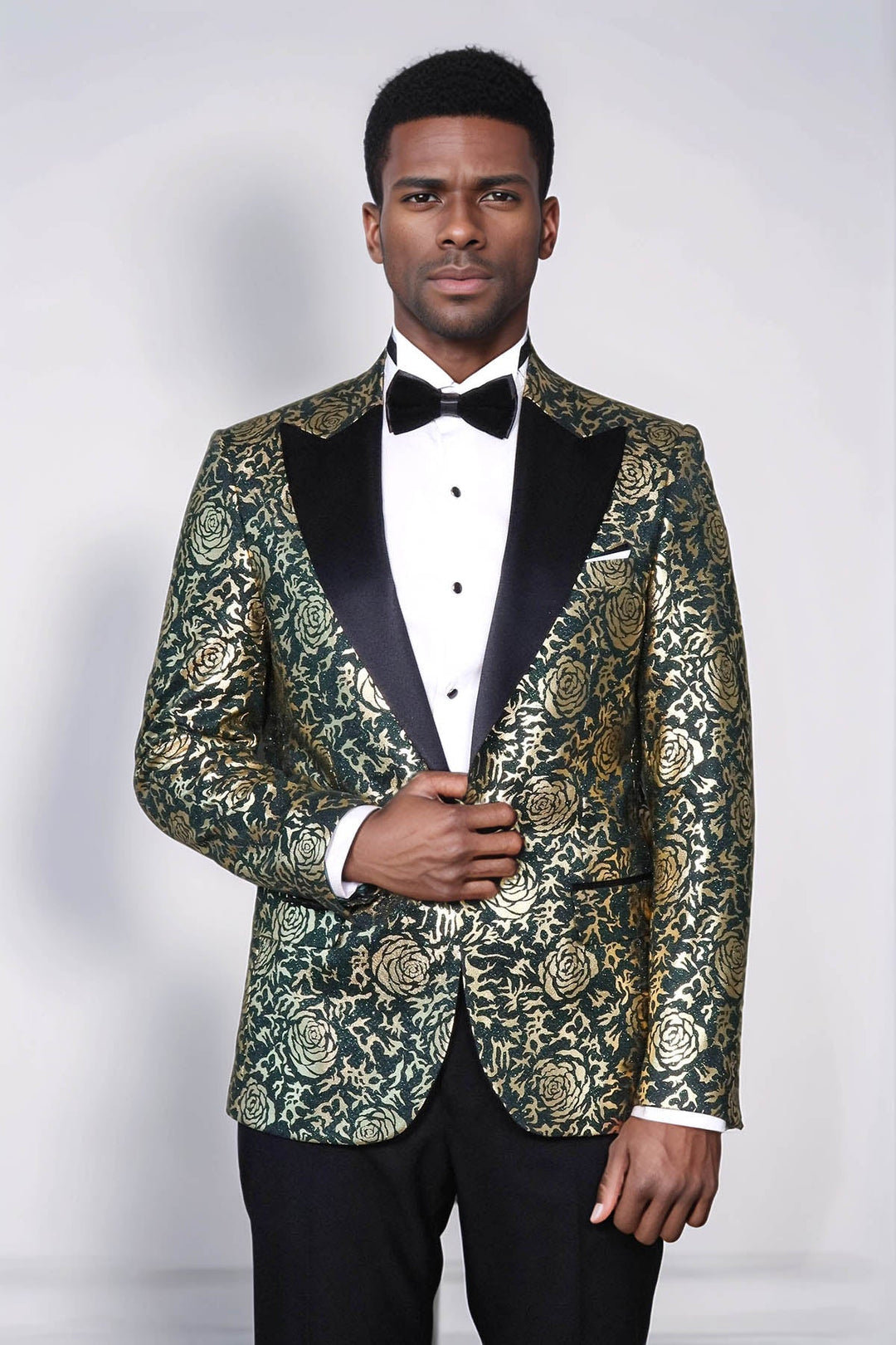 Blazer de fiesta ajustado con estampado de rosas doradas para hombre, color verde - Wessi