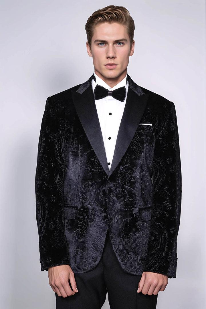 Blazer de terciopelo negro con estampado floral para hombre para fiesta de graduación - Wessi